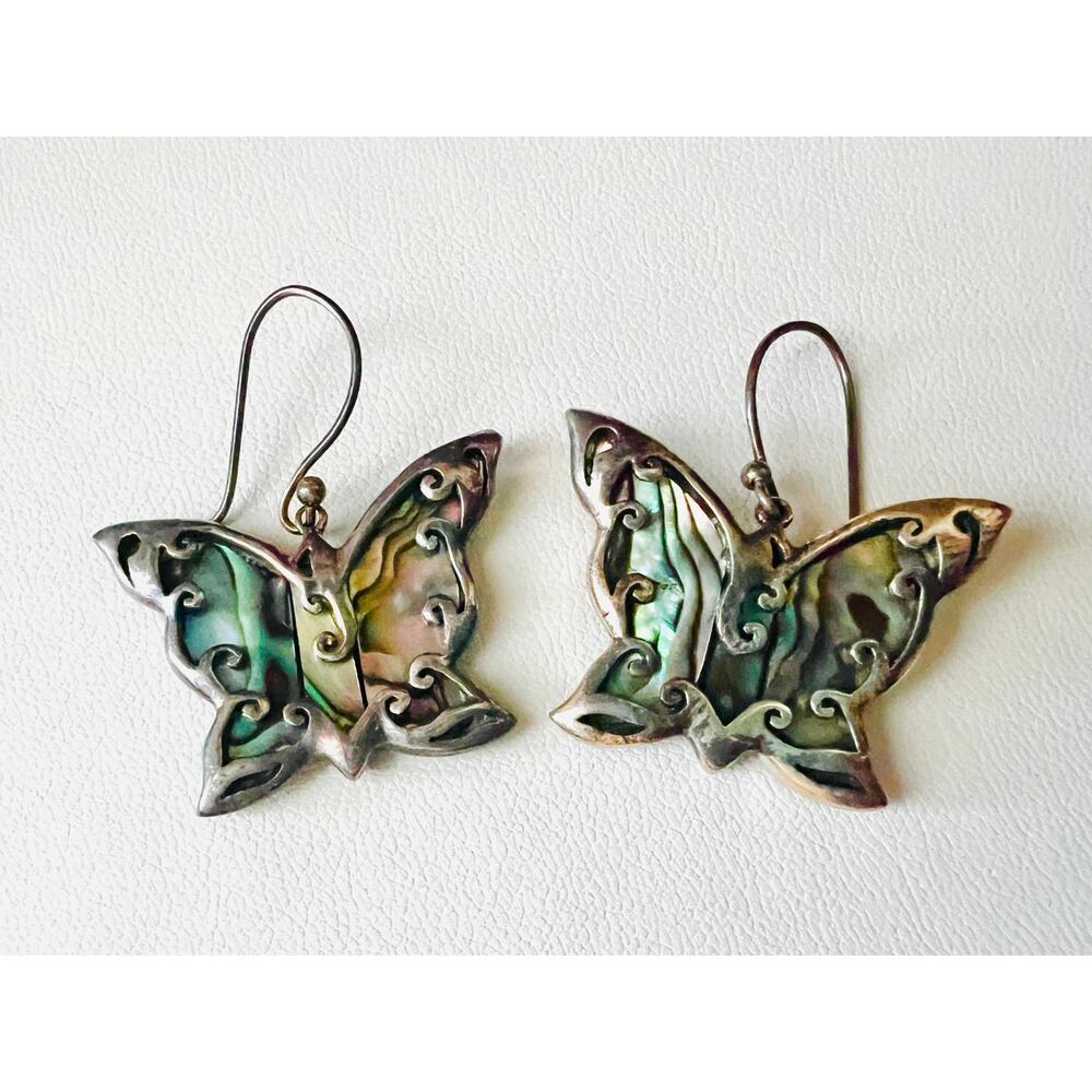 Vintage Sterling Silver Butterfly Earrings Abalone Dangle 925 Signed Boho